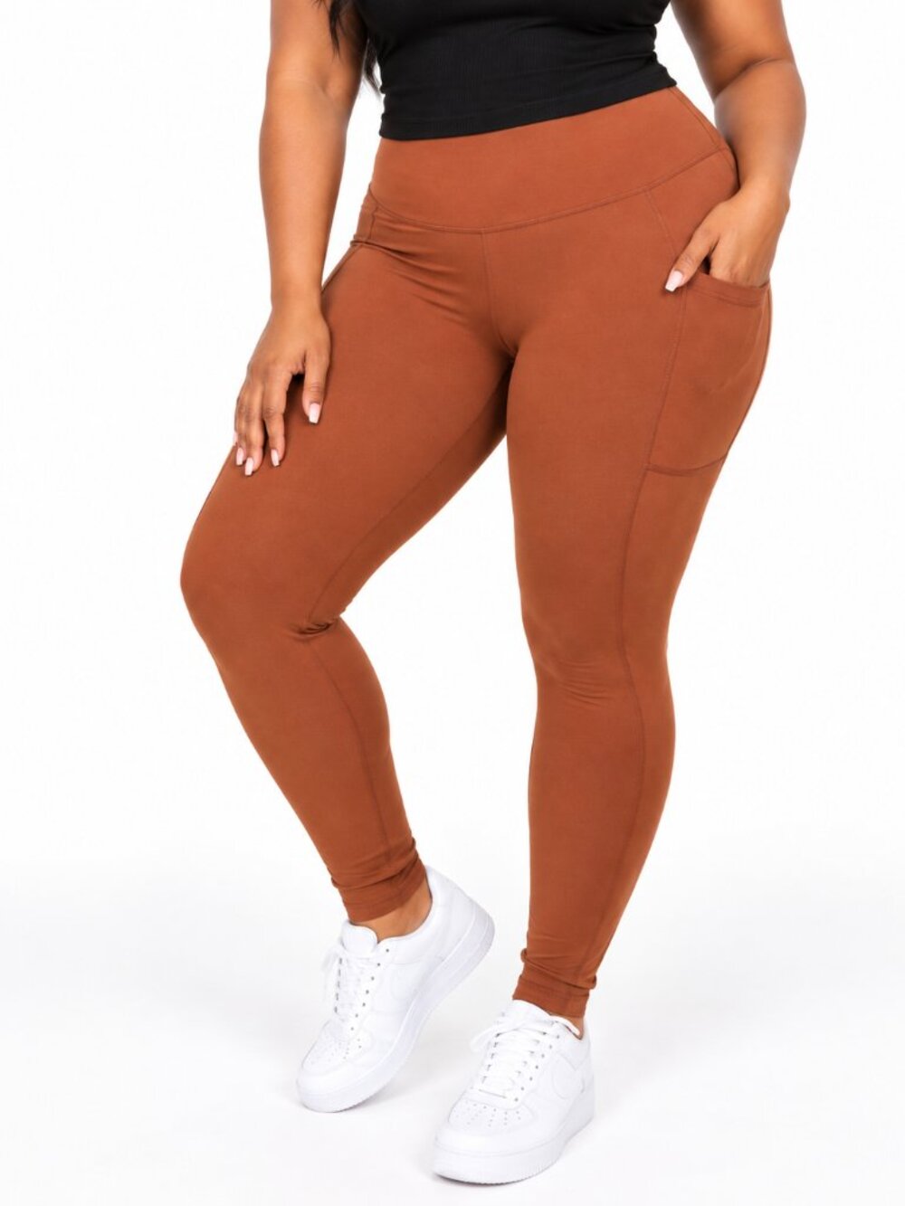 Zenana Wide Waistband Pocket Leggings in Carmel Brown Plus Size 2X